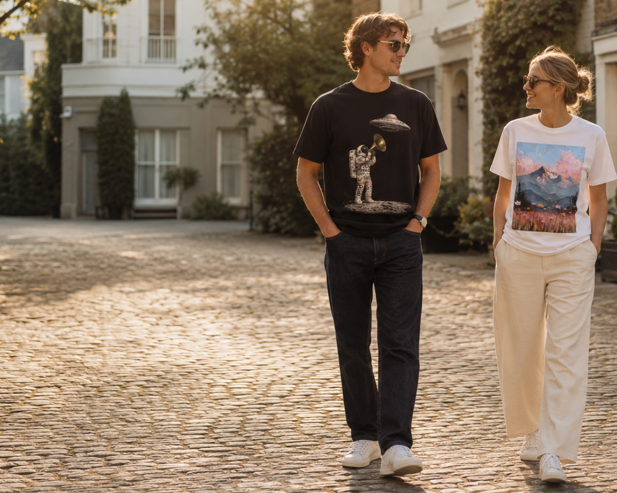 A man and a woman walking down a sunlit cobblestone street in front of residential houses. The man wears a black graphic T-shirt and dark jeans, while the woman wears a white graphic T-shirt with a colorful landscape print and off-white trousers.